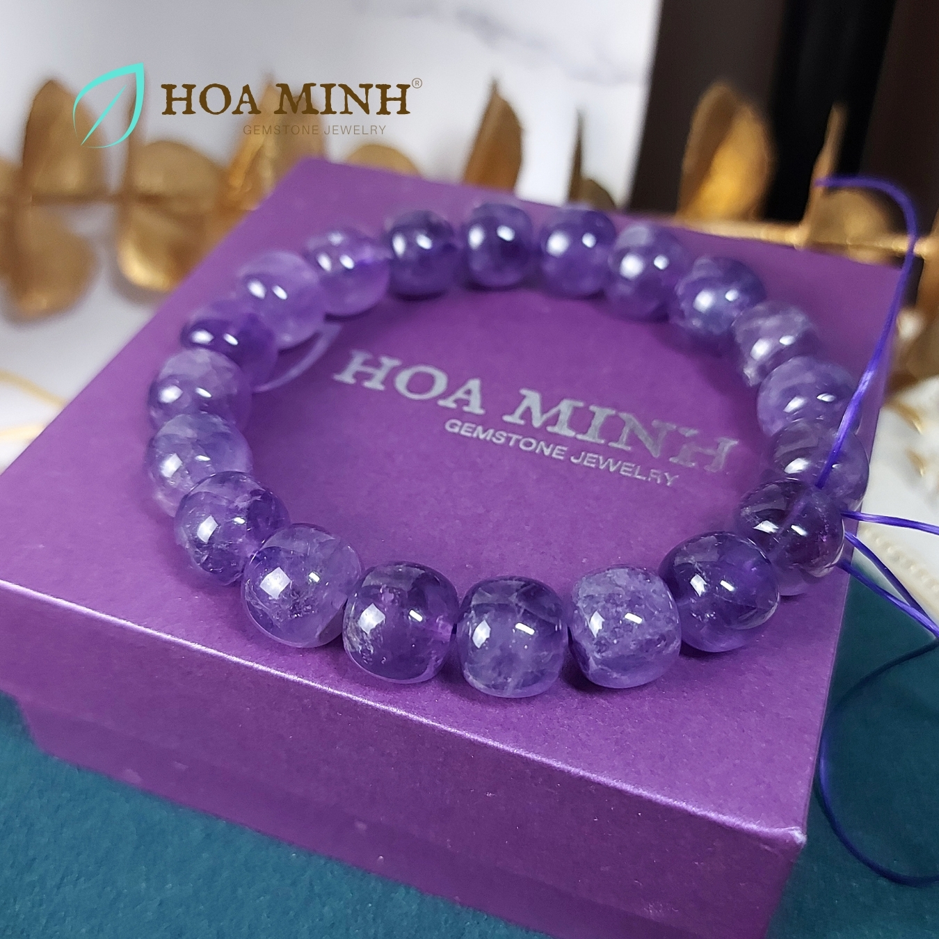 Vòng tay đá Thạch Anh Tím Amethyst tự nhiên hạt vuông bo tròn size 11 li phong cách cổ điển, hoàng gia