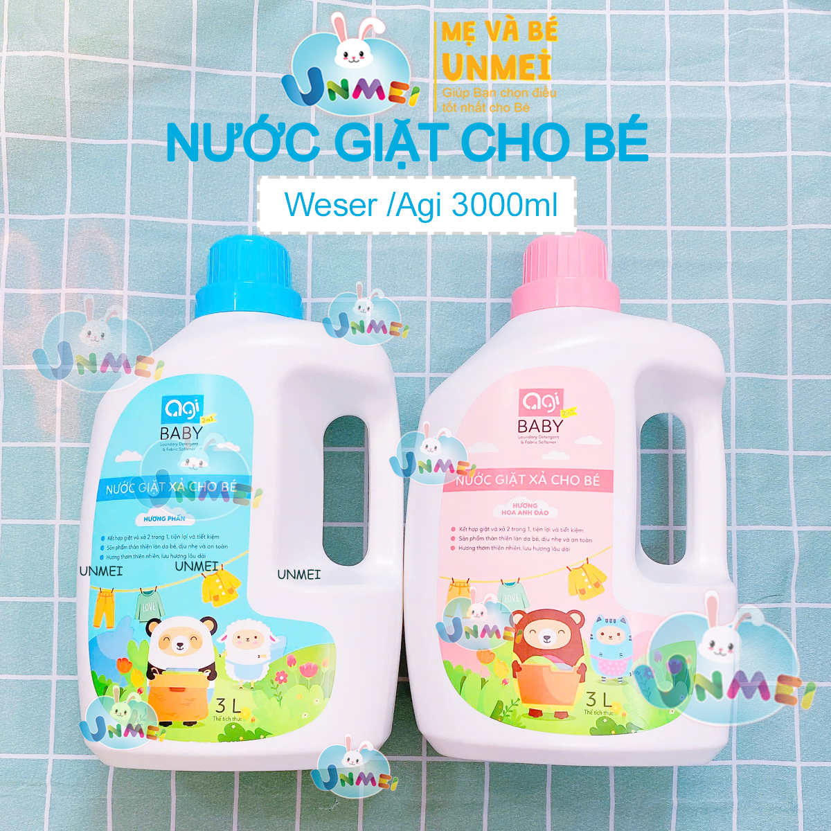 Nước giặt xả cho bé Agi 2 in 1 3000ml Hương Phấn/Hương Hoa Hồng