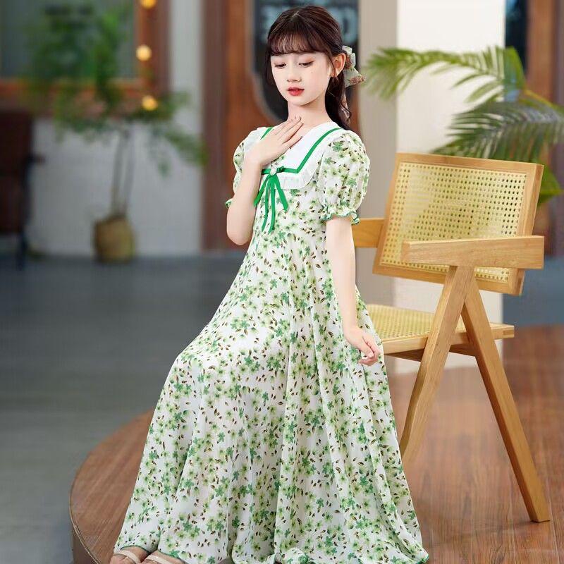 SHUANGYAN Cô gái lớn bé mùa hè váy bong bóng tay áo đầm cô gái nhỏ mùa hè phong cách phương Tây váy sinh viên ngọt ngào trên đầu gối hoa đầm dài
