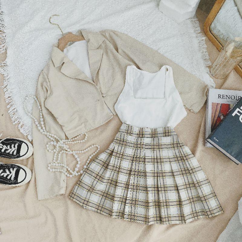 SET 3 MÓN: KHOÁC CROP VEST + CROP 2S TRẮNG + CHÂN VÁY CARO XẾP LY