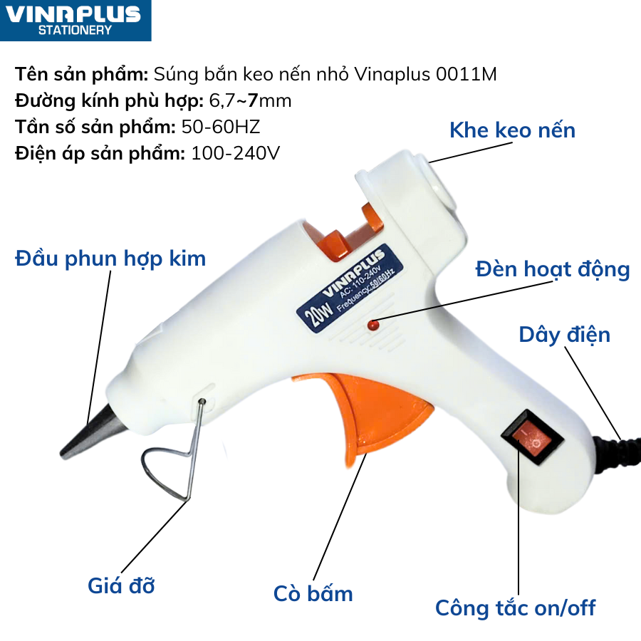 Máy Bắn Keo Nến Silicon Nóng Chảy Loại Nhỏ Công Suất 20W Hàng Chính Hãng Vinaplus