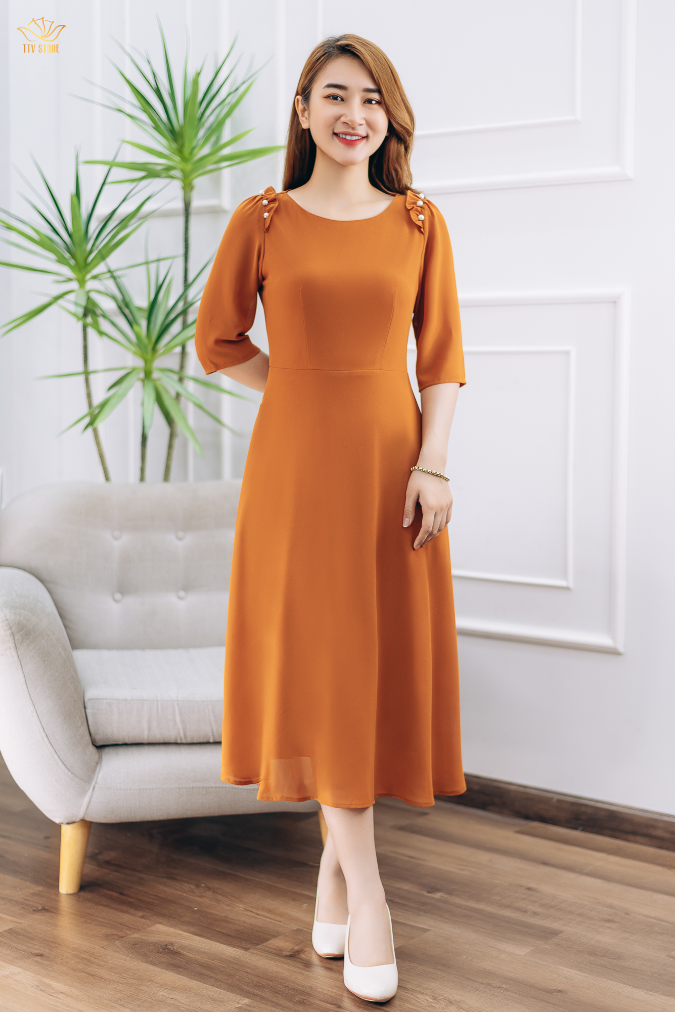 Đầm form A thiết kế trung niên dáng dài Cổ tròn tay lỡ kết ngọc màu Cam gạch TTV STORE TTV1402