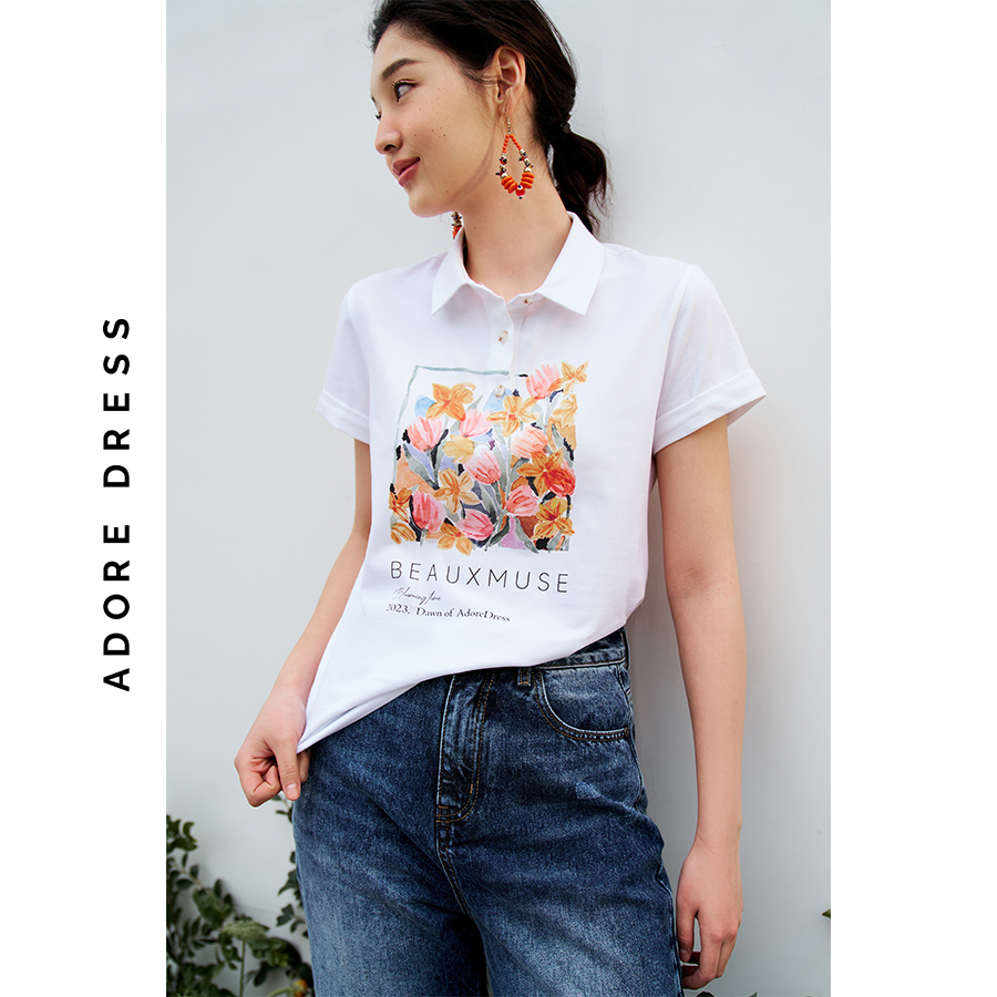 Áo phông Polo T-shirts cotton trắng in summer flowers 313TS1014  ADORE DRESS