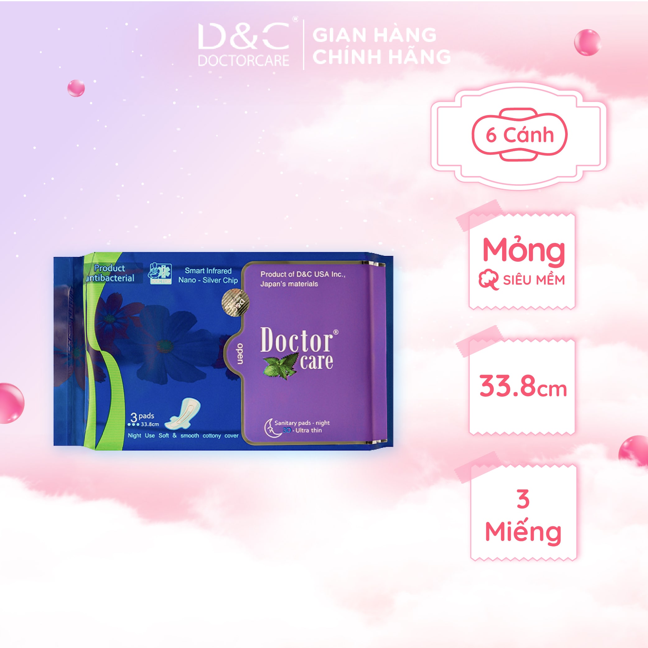 Băng vệ sinh ban đêm Doctor Care 33.8cm chiết xuất thảo dược  the mát sảng khoái cho cả đêm dài