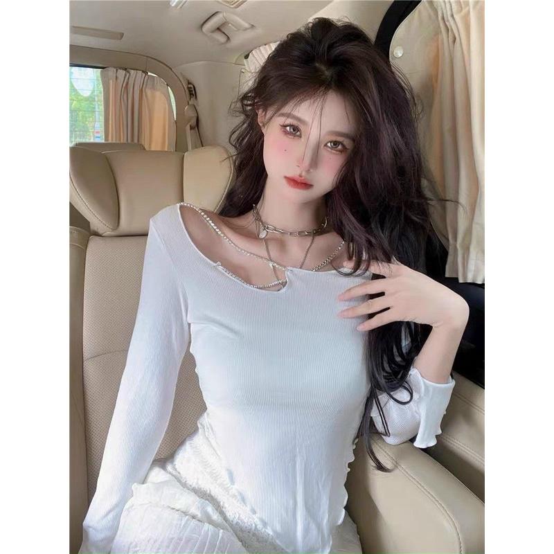 Áo Kiểu Nữ Tay Dài PINKSTORE29, Dáng Ôm Body Phối Dây Xích A5408