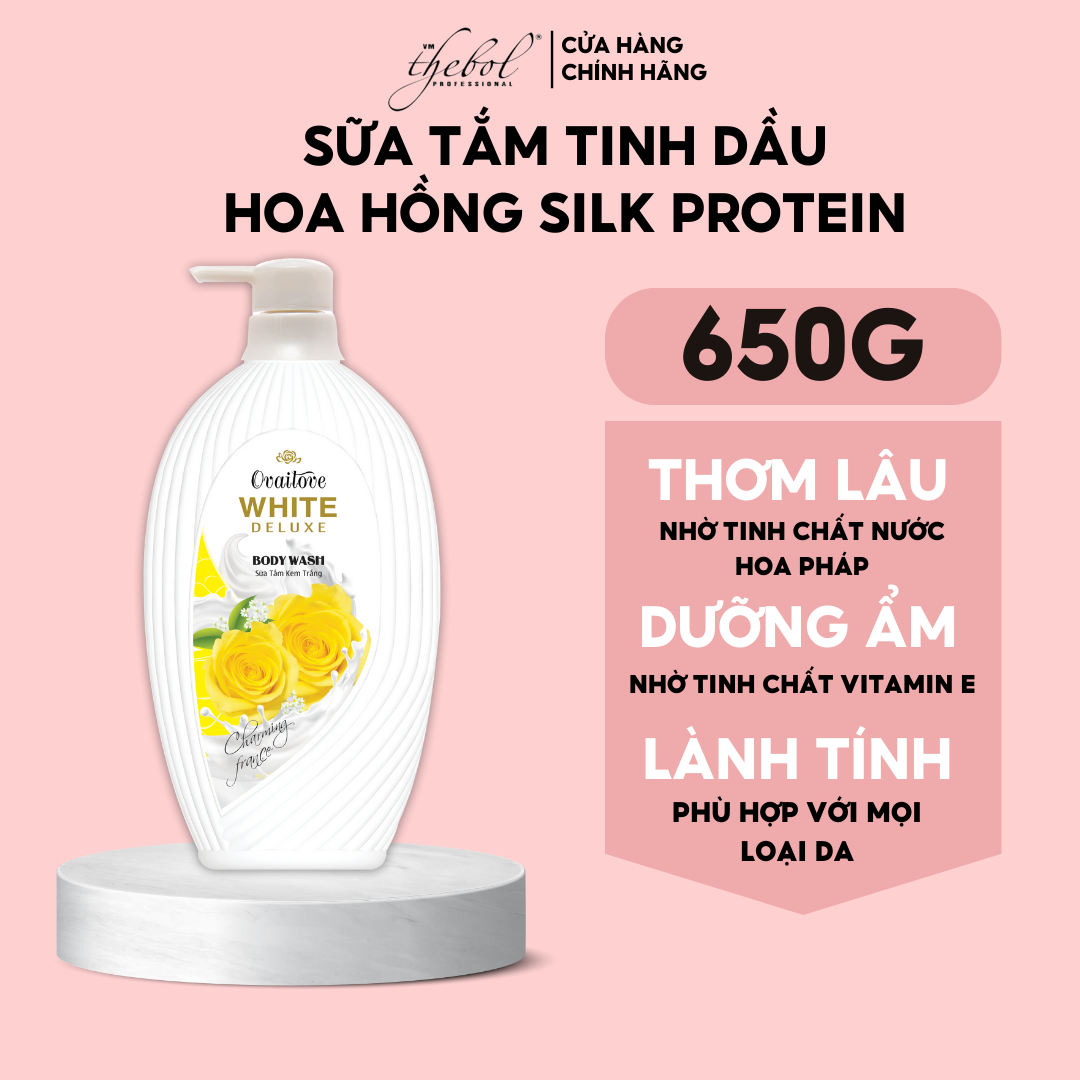 Sữa tắm Thebol dưỡng ẩm trắng da kem White Silk Protein hoa hồng sữa dê hương nước hoa sáng mịn lưu hương thơm lâu