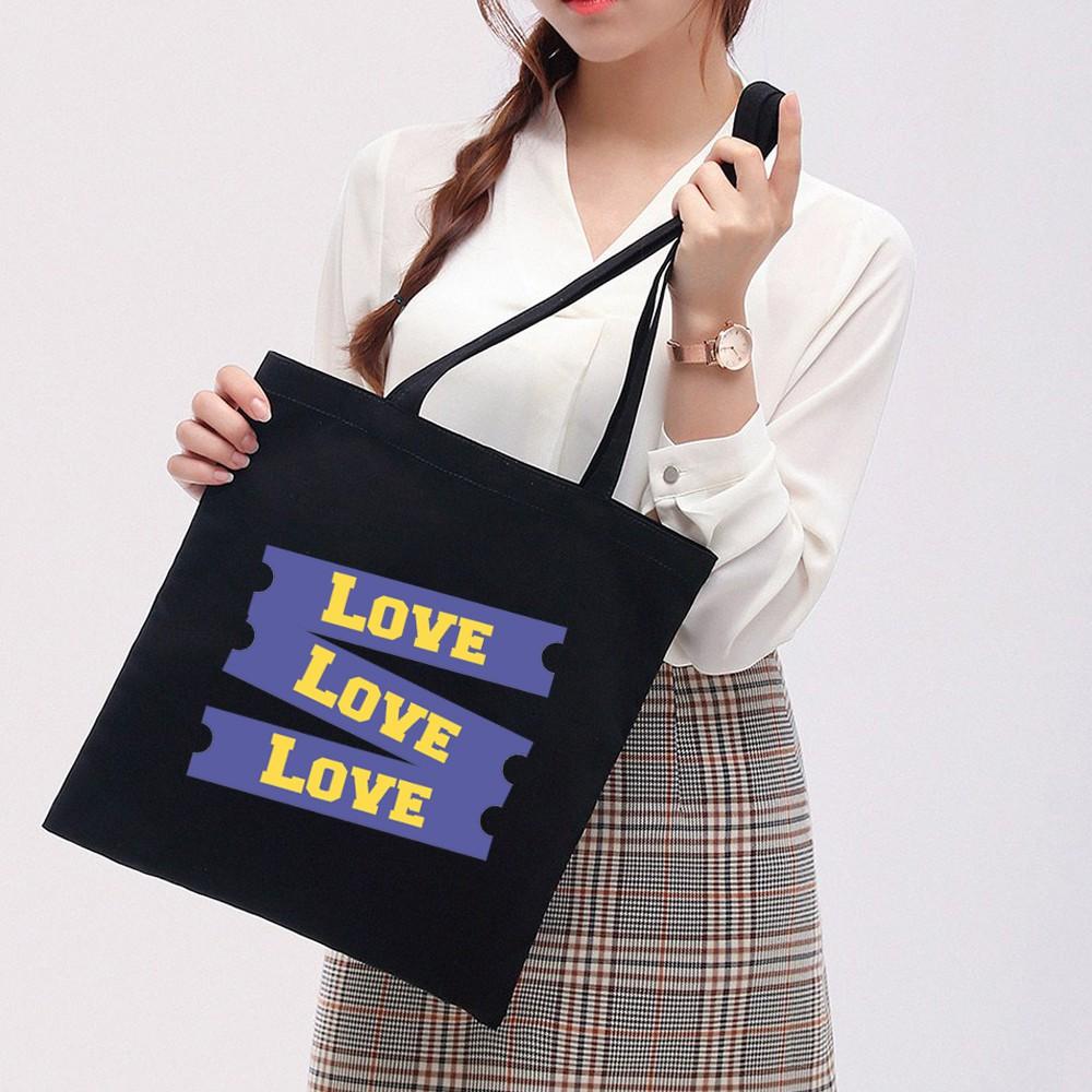 Túi Tote Vải Canvas Ginko kiểu basic có dây kéo khóa miệng túi đựng vừa laptop 14 inch và nhiều đồ dùng khác Phong Cách ulzzang Hàn Quốc In Hình Love Love Love B29