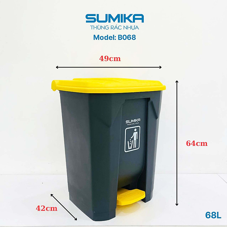 Thùng rác nhựa gia đình SUMIKA B068, dung tích 68L, thùng màu xám, nắp vàng