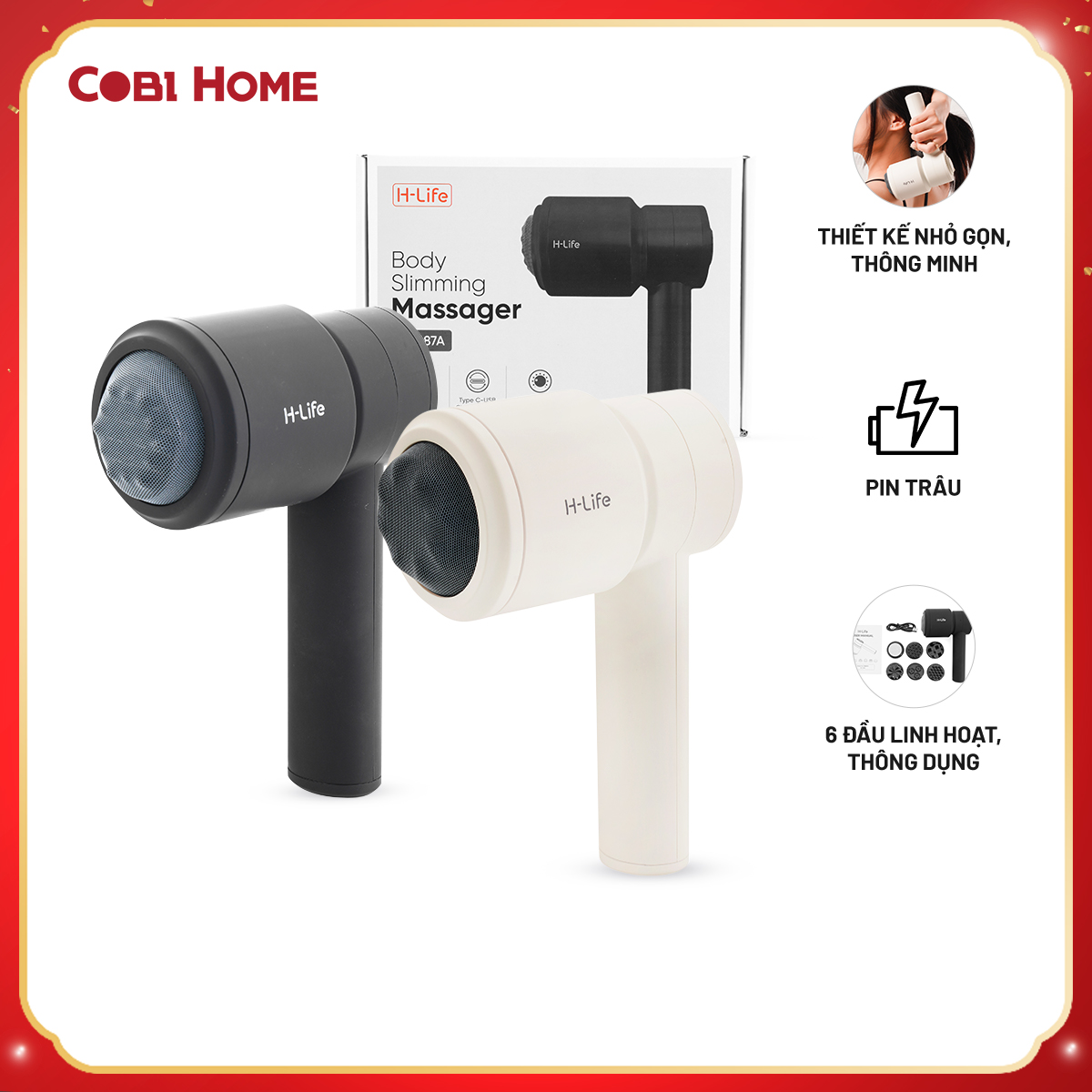 Máy massage H-Life toàn thân cầm tay - Nhỏ gọn, Nhựa ABS, 6 đầu massage H-Life - Cobihome
