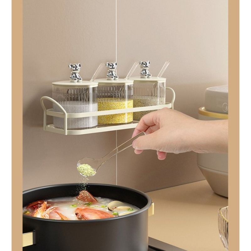 Bộ 3 Lọ Đựng Gia Vị Sang Trọng, Cao Cấp Chất Liệu Nhựa Acrylic Chịu Lực Và Nhiệt Tốt Vân Sọc Có Thìa Kèm Giá Đỡ Kim Loại Sang Trọng Cao Cấp - Hình Núm Giao Ngẫu Nhiên