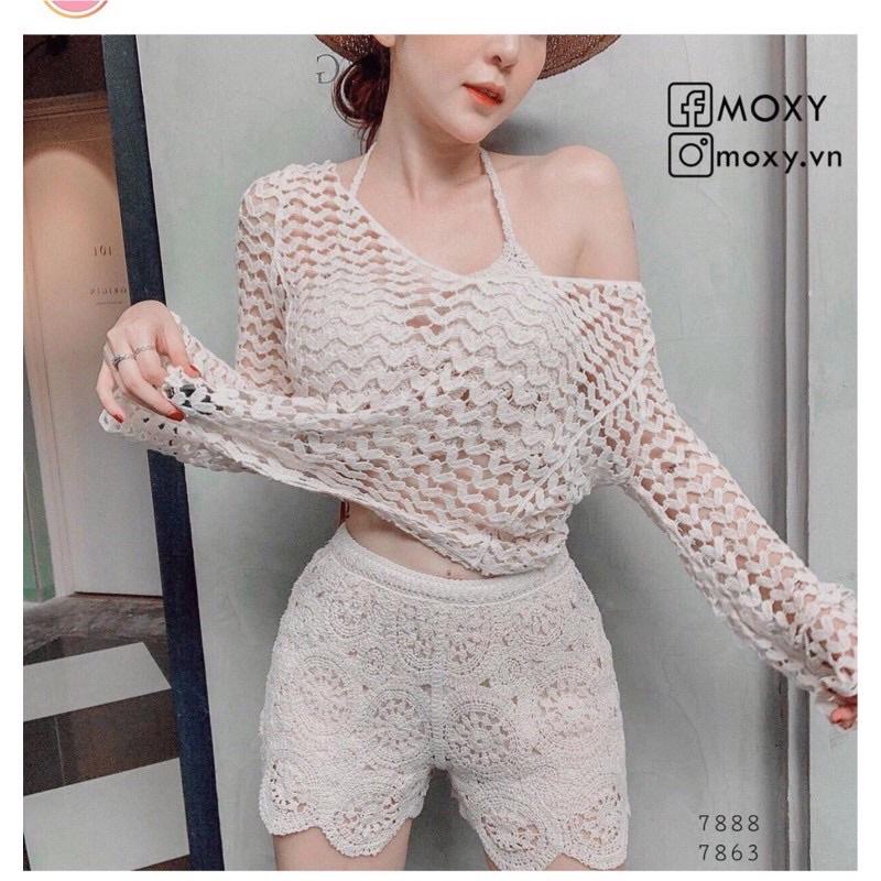 07-Set bộ bikini ren đi biển 3 món bra-áo lưới ngoài-quần sóc