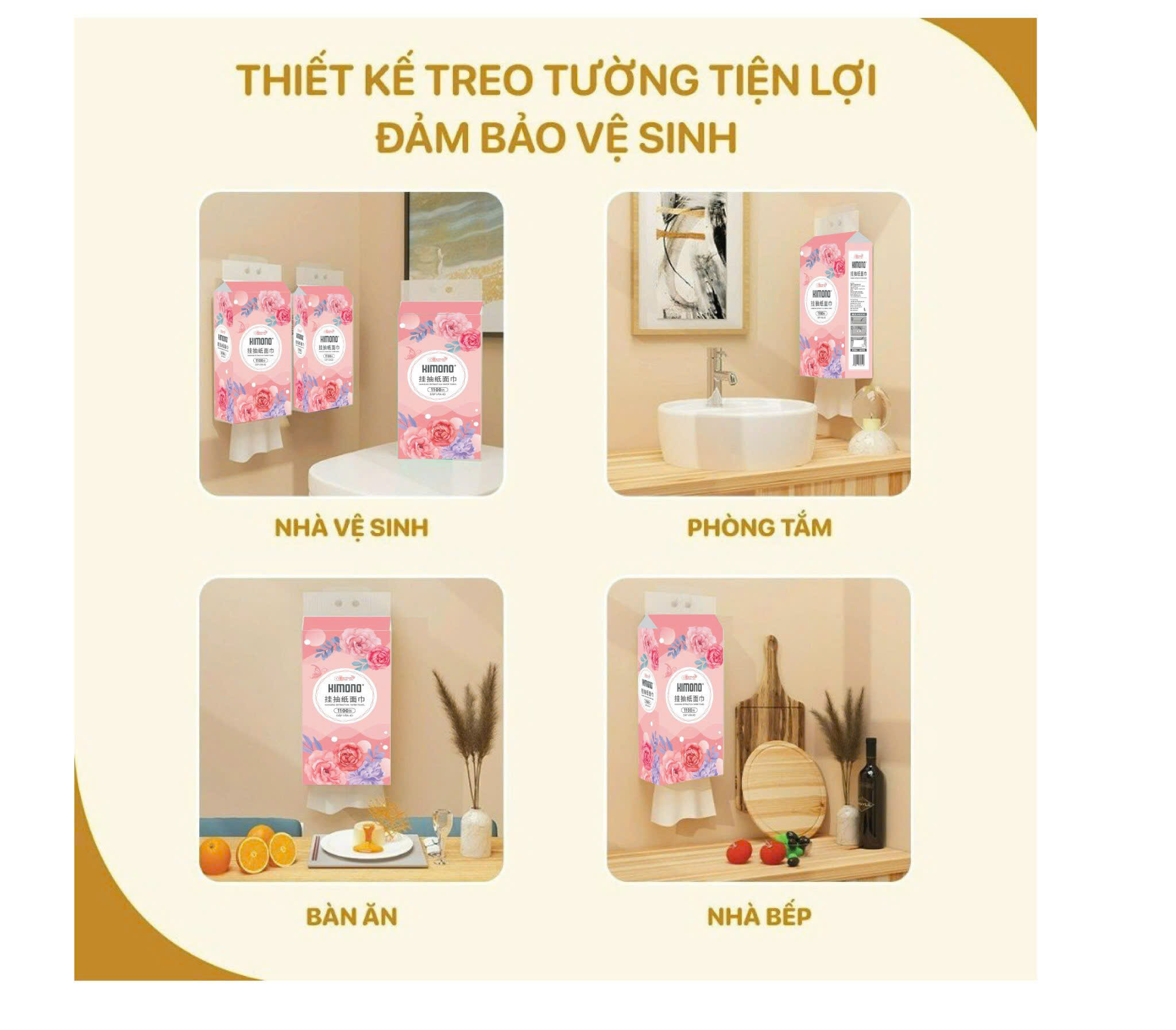 ( Tặng 2 gói) Thùng 10+2 bịch giấy treo tường đa năng KIMONO hoa hồng 4 lớp dạng rút 1100 tờ