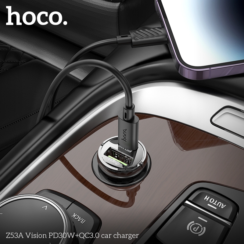 Tẩu sạc 30W (Type C + USB) Hoco Z53a nhỏ gọn sạc nhanh cho điện thoại Samsung/ iP/ Xiaomi _ Hàng chính hãng