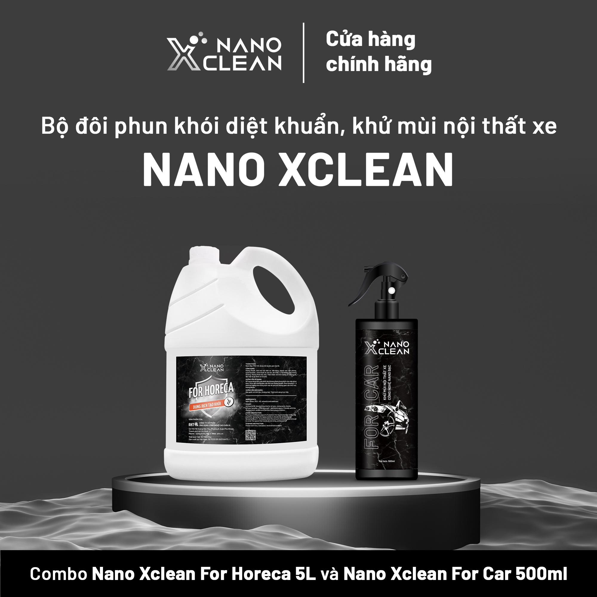 Combo dung dịch phun khói, tạo khói Nano Bạc hương bạc hà 4L và chai xịt diệt khuẩn khử mùi ô tô, xe hơi Nano Xclean 500Ml - Diệt khuẩn khử mùi AHT Corp (AHTC)