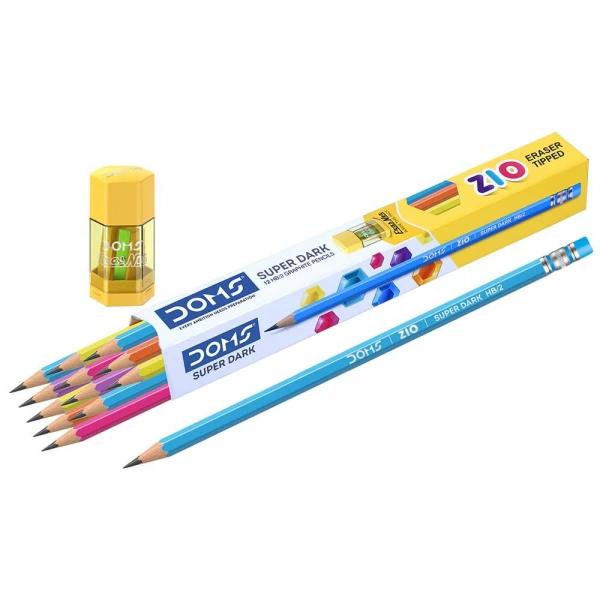 Hộp 12 Bút Chì Gỗ Zio Super Dark HB/2 Kèm Gôm Chuốt - DOMS 8491