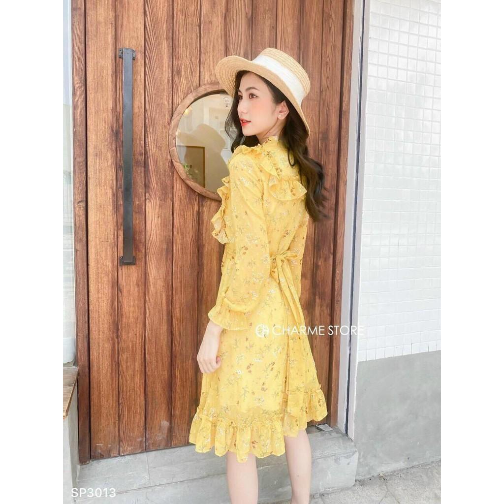 Đầm dáng xòe cột nơ bèo tay dài thời trang cao cấp - Chất voan mền , mặc mát