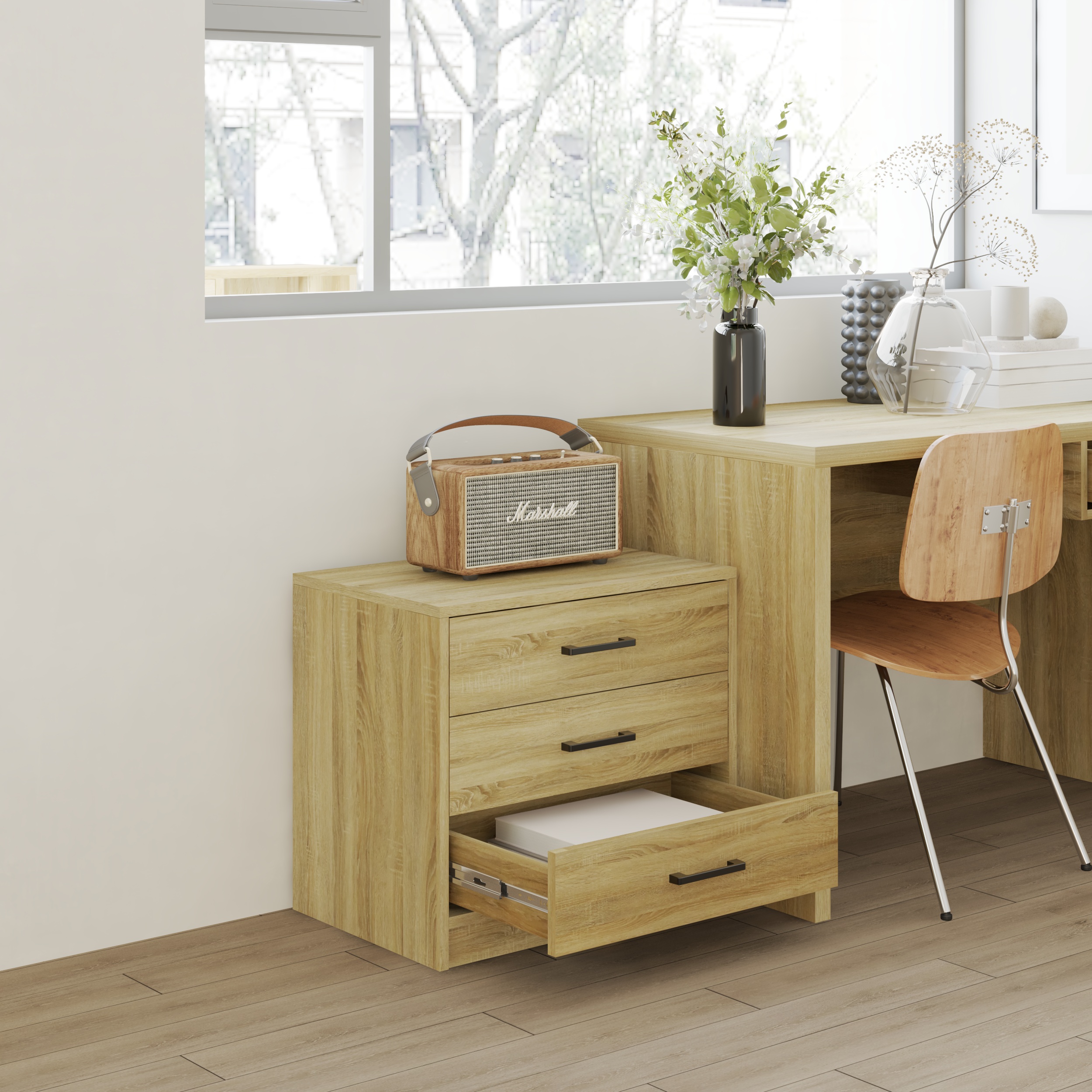 HAPPY FURNITURE , HEINEE - Táp đầu giường 3 ngăn kéo, THK_231 , 60cm x 40cm x 54cm DxRxC, sản phẩm phổ thông