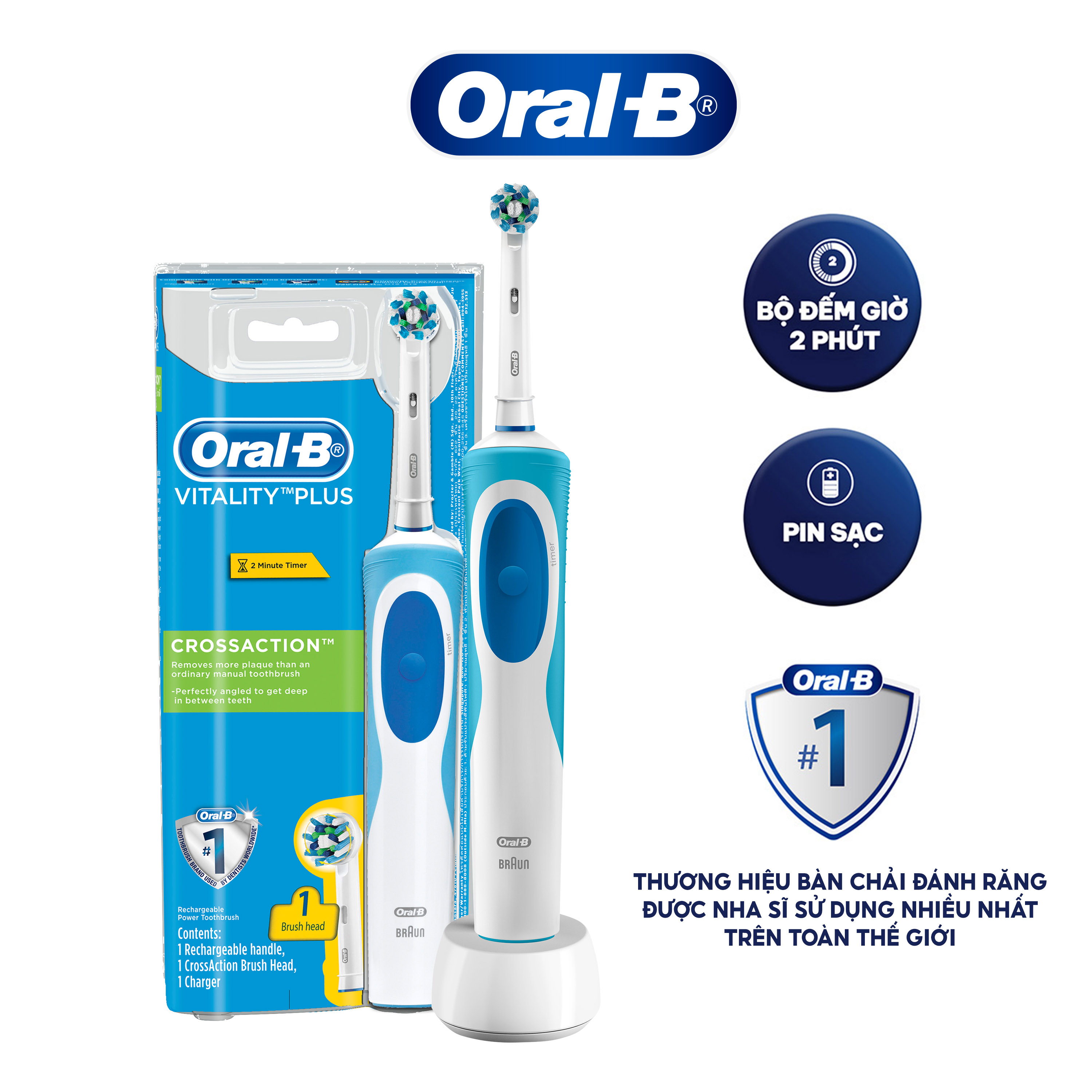 Bàn chải đánh răng điện Oral-B Vitality CrossAction Blue D12.513- Hàng chính hãng 100%