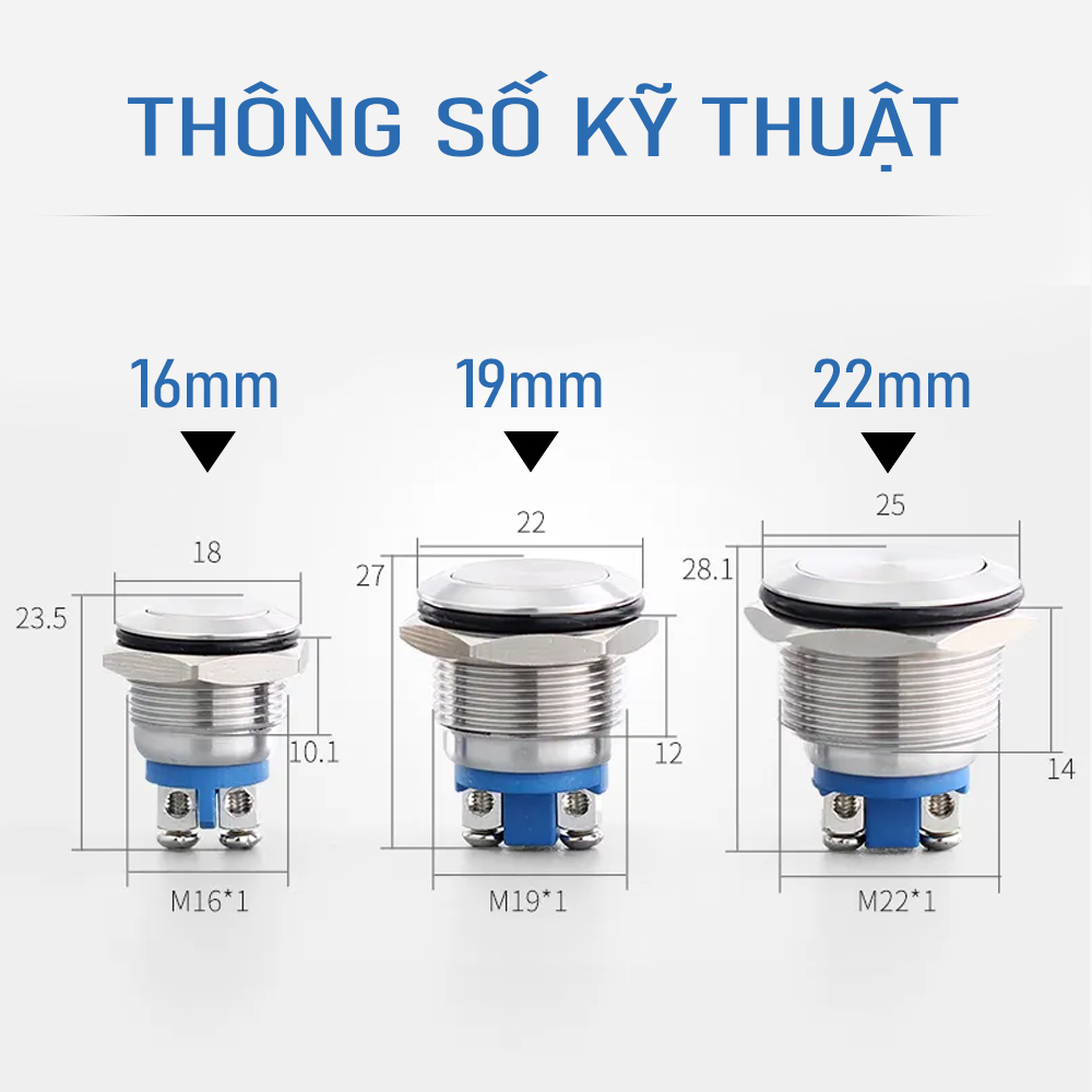 Nút công tắc, Nút nguồn Nhấn nhả, Nhấn đề 16mm  Vỏ INOX chống nước