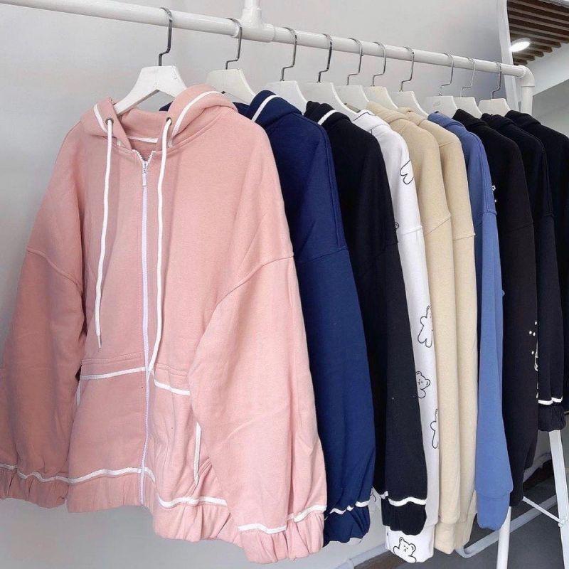 Áo khoác form rộng- Áo khoác dây kéo viền trắng || Hany shop