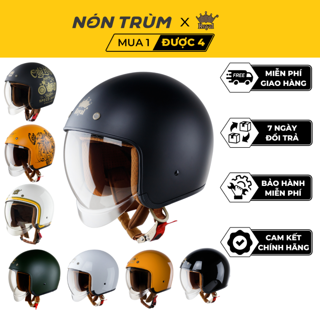 Mũ bảo hiểm xe máy 3/4 kính âm Royal M139 màu trơn, kính âm màu trà hạn chế chói nắng, nhiều size cho nam và nữ