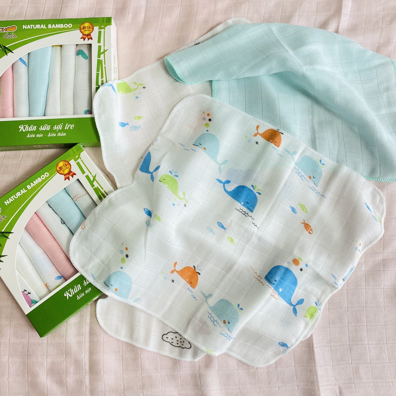 Khăn sữa Sợi Tre Cao Cấp Kachoo Baby in hình -Hộp 8 cái 2 Lớp -  Kích thước 30x30cm