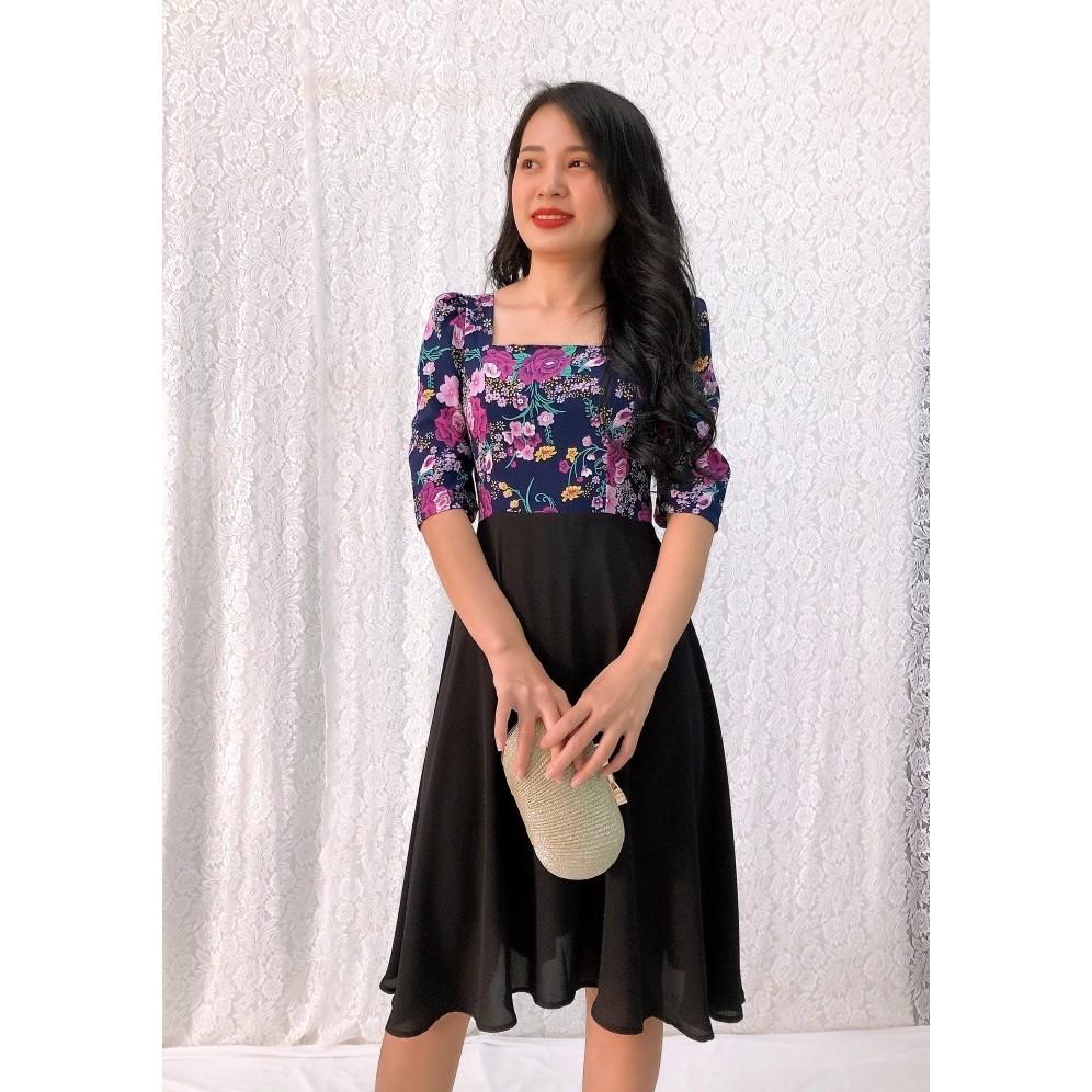 Đầm xòe họa tiết hoa tay lửng