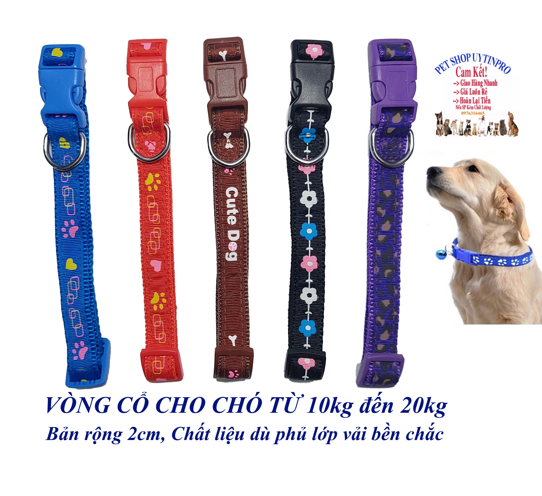 Vòng cổ cho Chó Mèo Từ 10kg đến 20kg Bản rộng 2cm In hình bất kỳ Chất liệu dù phủ lớp vải bền chắc, dễ chịu khi đeo