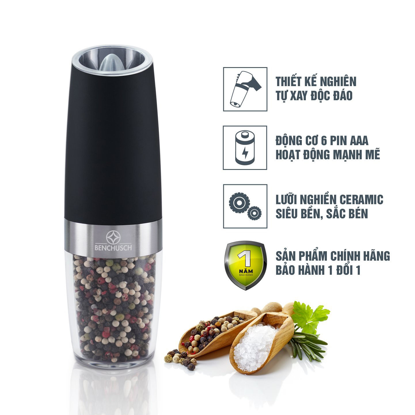 Máy Xay Tiêu Bằng Pin Tự Động Benchusch 6 Pin - Hàng Chính Hãng