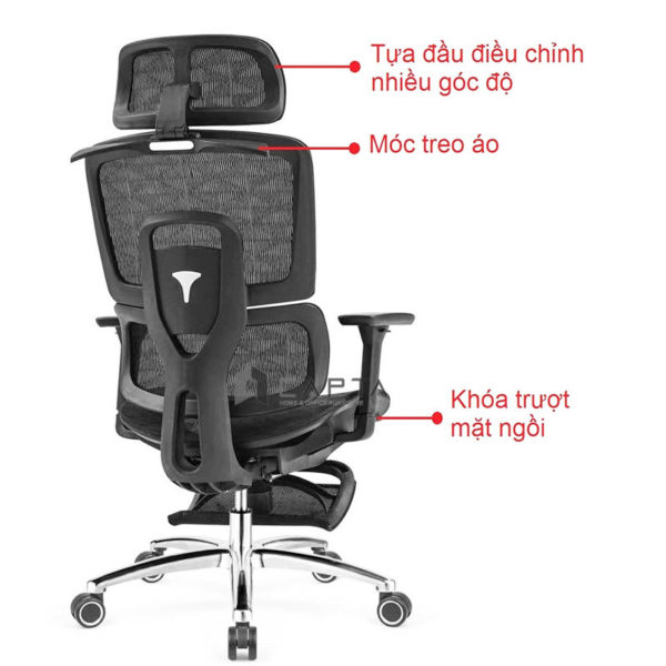 Ghế công thái học có gác chân màu đen CR4324-M Nội thất CAPTA Ghế ngồi làm việc tại nhà hỗ trợ cột sống lưng và mặt ngồi vải lưới khung tay ghế nhựa có gác chân thép mạ chrome