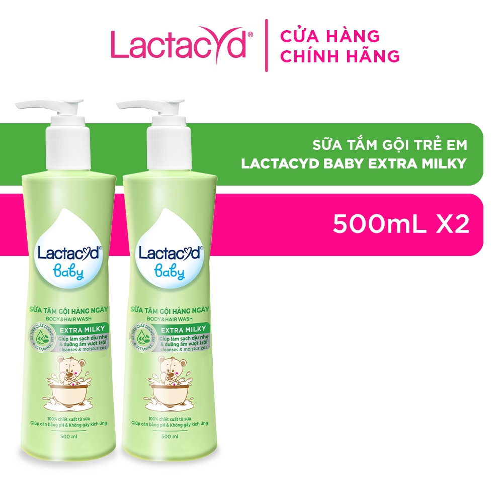 Bộ 2 chai Sữa Tắm Gội Trẻ Em Lactacyd Milky BẢO VỆ, NUÔI DƯỠNG DA và TÓC BÉ VƯỢT TRỘI 500ml/chai