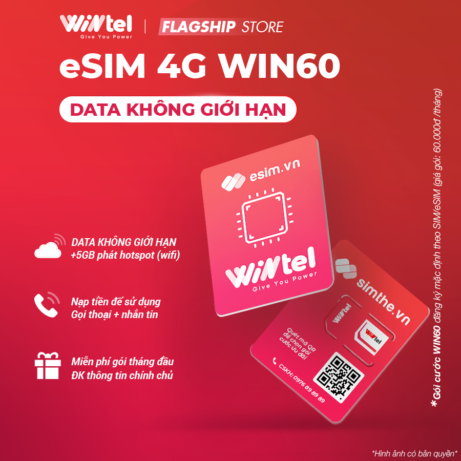 ESIM WINTEL WIN60 - Max Data 4G Tốc Độ Cao KHÔNG GIỚI HẠN - Quét Mã QR eSIM Để Sử Dụng Ngay. Dùng Sóng VinaPhone Trên Toàn Quốc - Giá Cước Chỉ 60K/Tháng - Hàng Chính Hãng