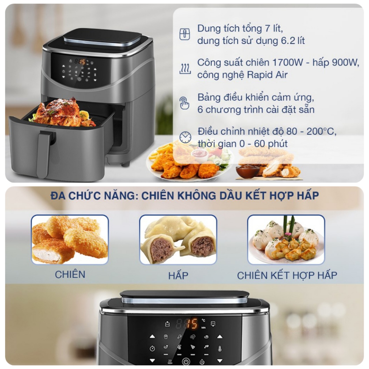 Nồi Chiên Hấp Đa Năng Kalite Steam 7, Dung Tích 7.0Lit - 2600W, Hàng Chính Hãng