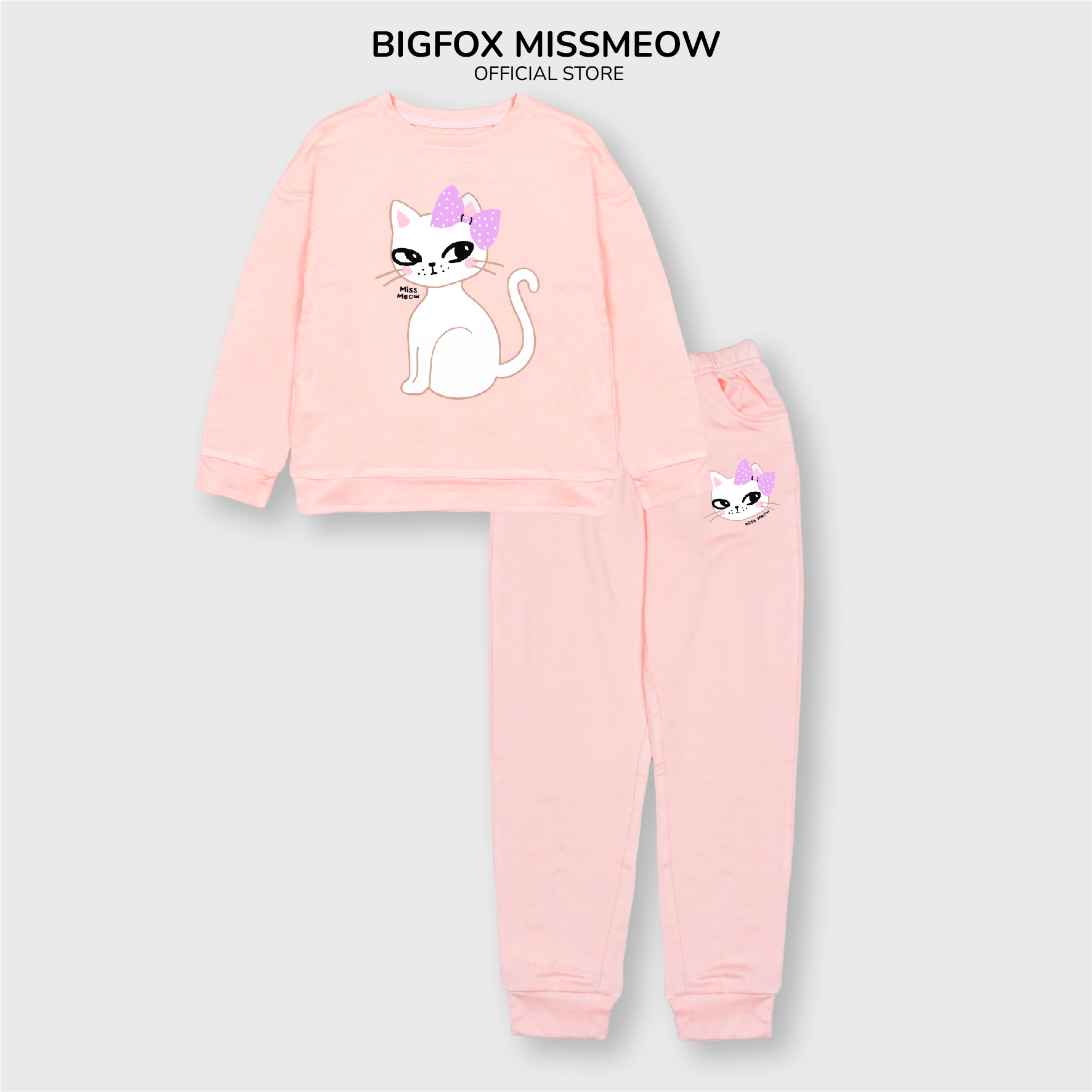 Bộ thu đông cho bé gái Bigfox Miss Meow dài tay chất nỉ, da cá style Hàn Quốc dễ thương size đại trẻ em 3,7,11 tuổi 30kg