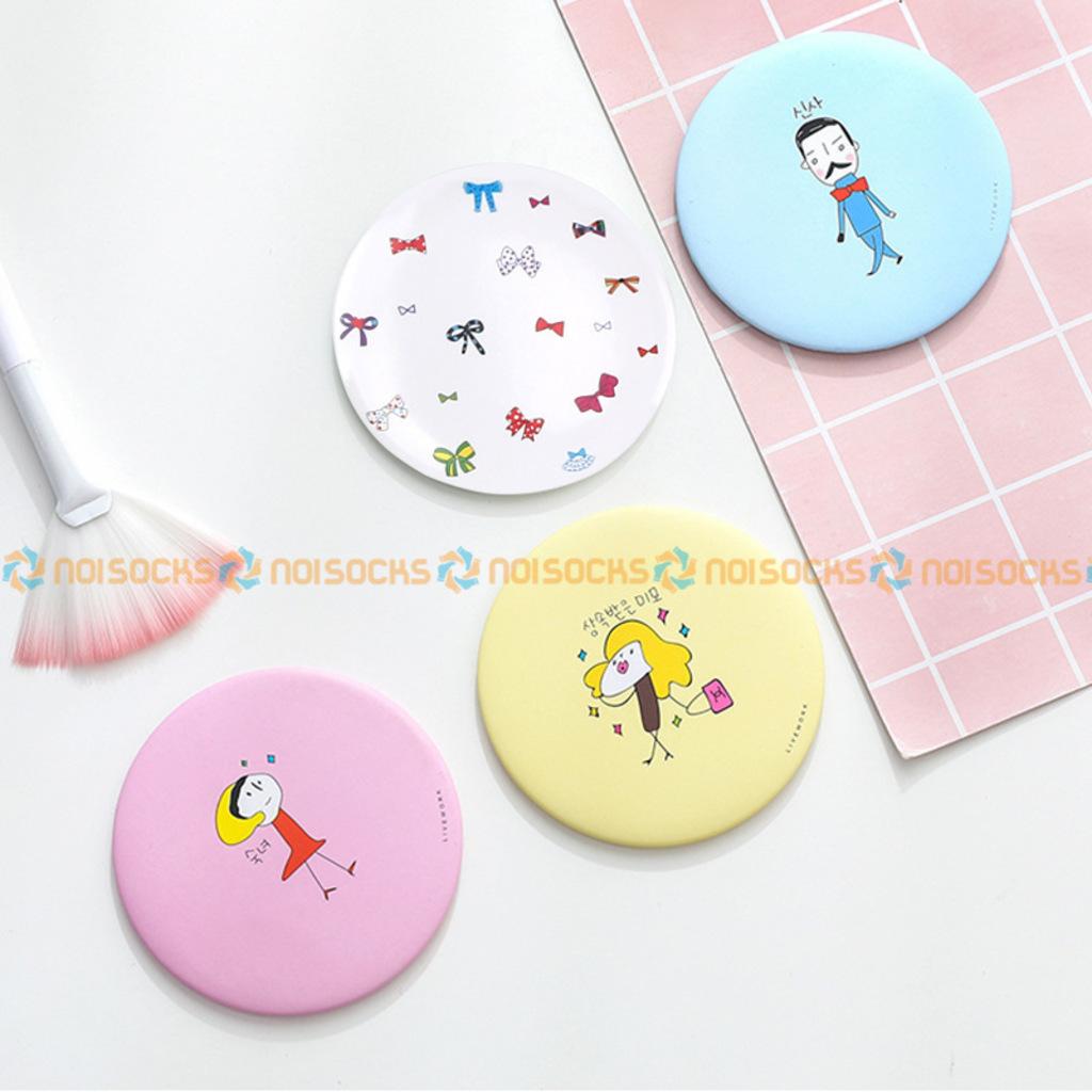 Gương trang điểm mini, gương tròn bỏ túi siêu cute Họa Tiết Hoạt Hình, nhiều mẫu, viền kim loại