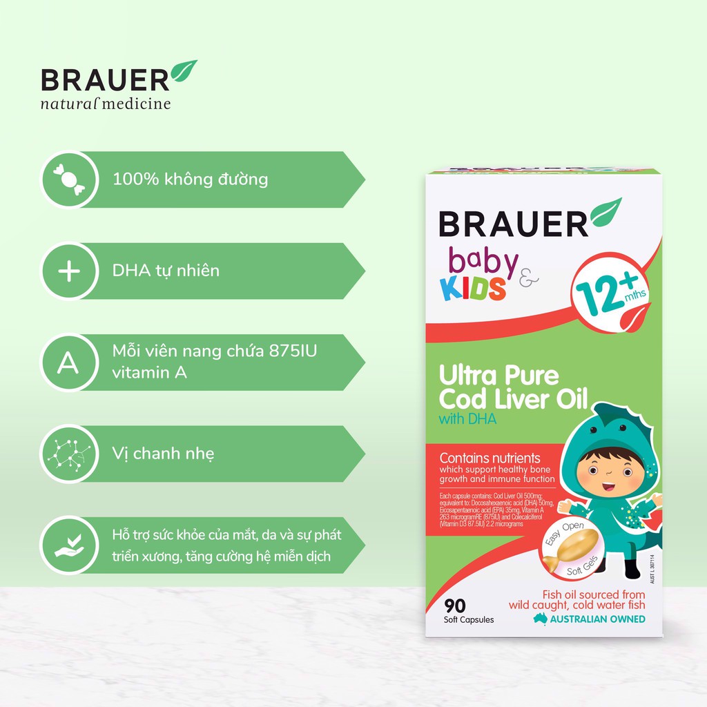 DHA dầu cá tuyết tinh khiết cho trẻ sơ sinh, trẻ nhỏ Brauer DHA Úc giúp phát triển trí não, tăng khả năng tập trung, cải thiện thị lực-OZ Slim Store