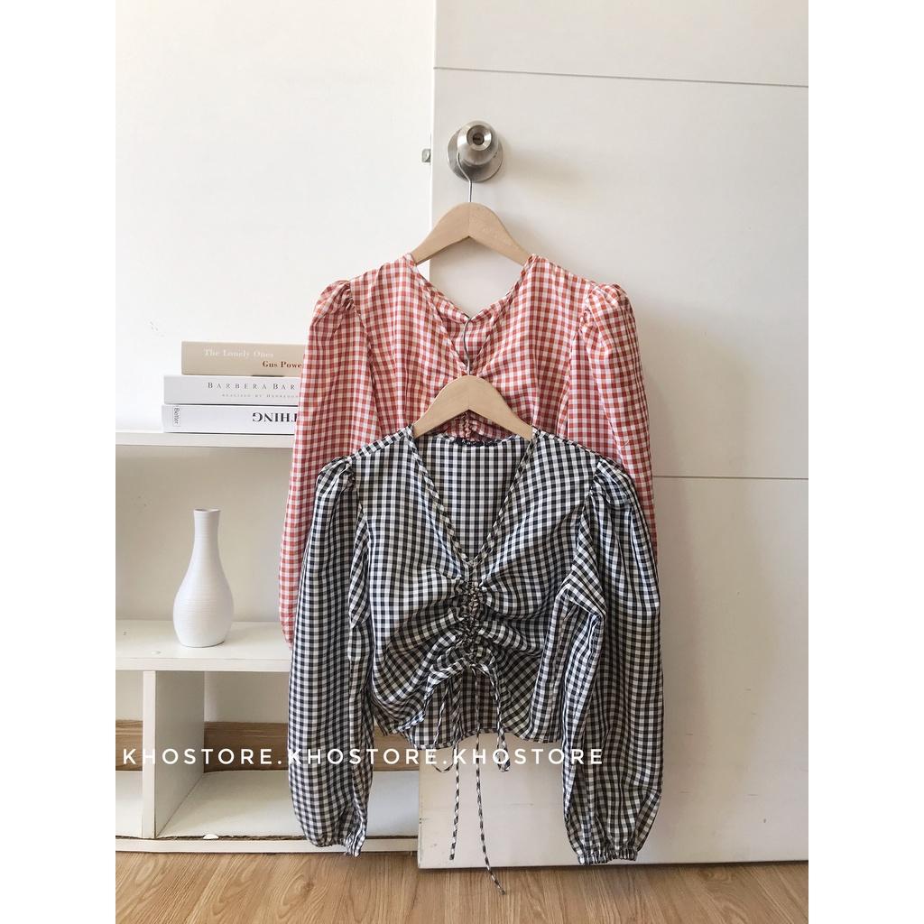 Áo croptop tay dài nhún ngực tôn dáng, áo đi biển tay phồng caro 2 màu, áo dây rút kiểu dáng hàn quốc, vải cotton mát