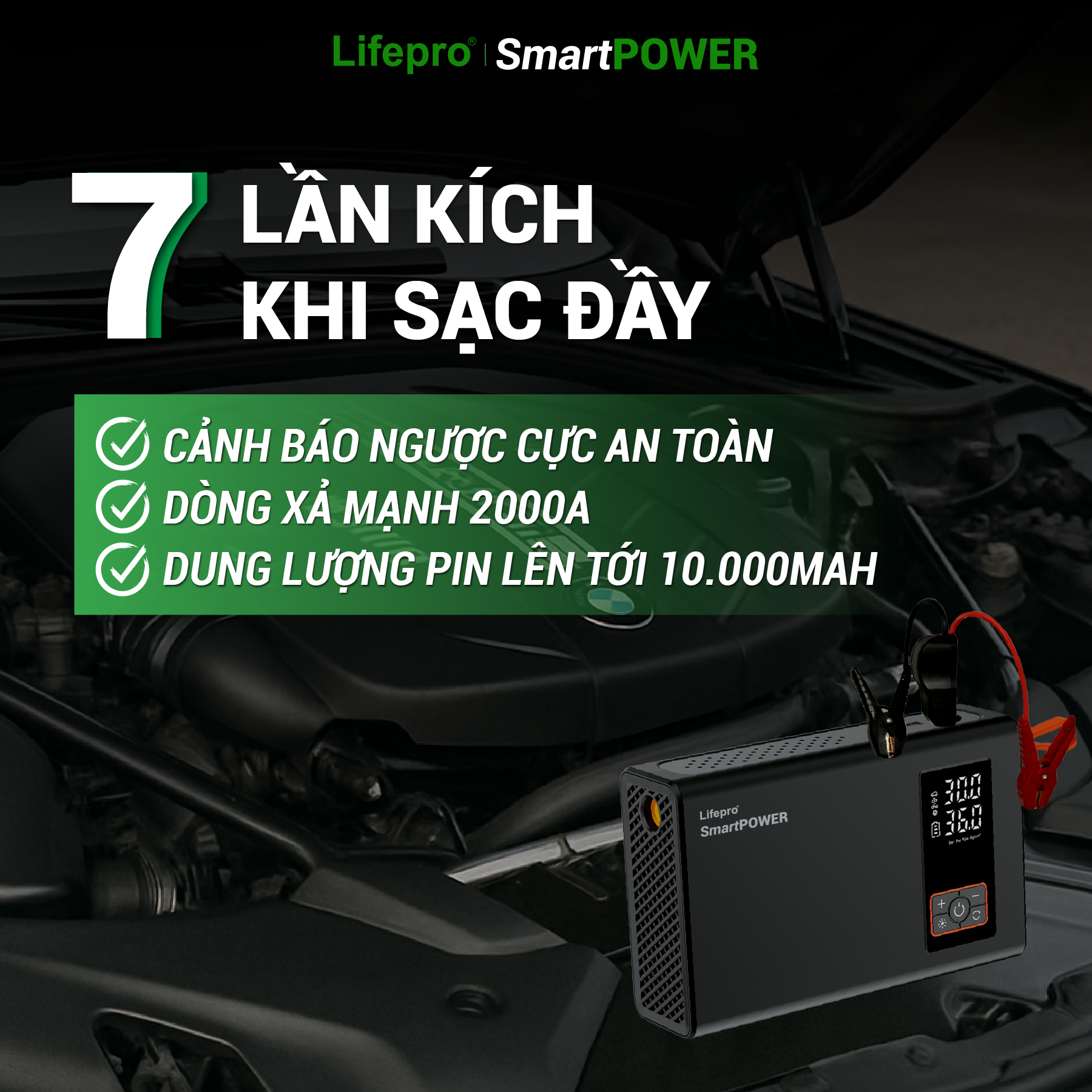 Máy bơm lốp ô tô kèm kích bình đa năng Lifepro SmartPOWER Hàng chính hãng