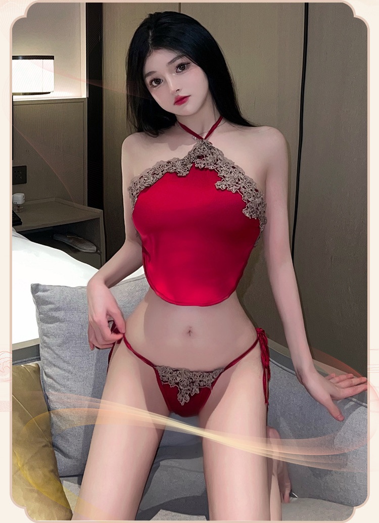 Đồ Ngủ Cổ Yếm Kiểu Trung Hoa Lụa Satin Đỏ,Set Nội Y Quần Cột Dây + Áo Lụa Cổ Tàu Gợi Cảm,Yếm Lụa Sexy Phối Ren Hoa Vintage, Set Yếm Ren Lụa Đỏ Đô Gợi Cảm ,Bộ Nội Y Sexy Gợi Cảm Viền Ren Hoa C018