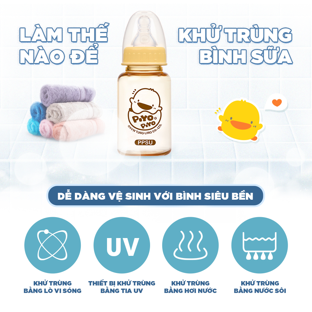 Bình sữa cổ tiêu chuẩn Piyo Piyo 150ml nhựa PPSU chịu nhiệt tới 180 độ, núm ty chống đầy hơi