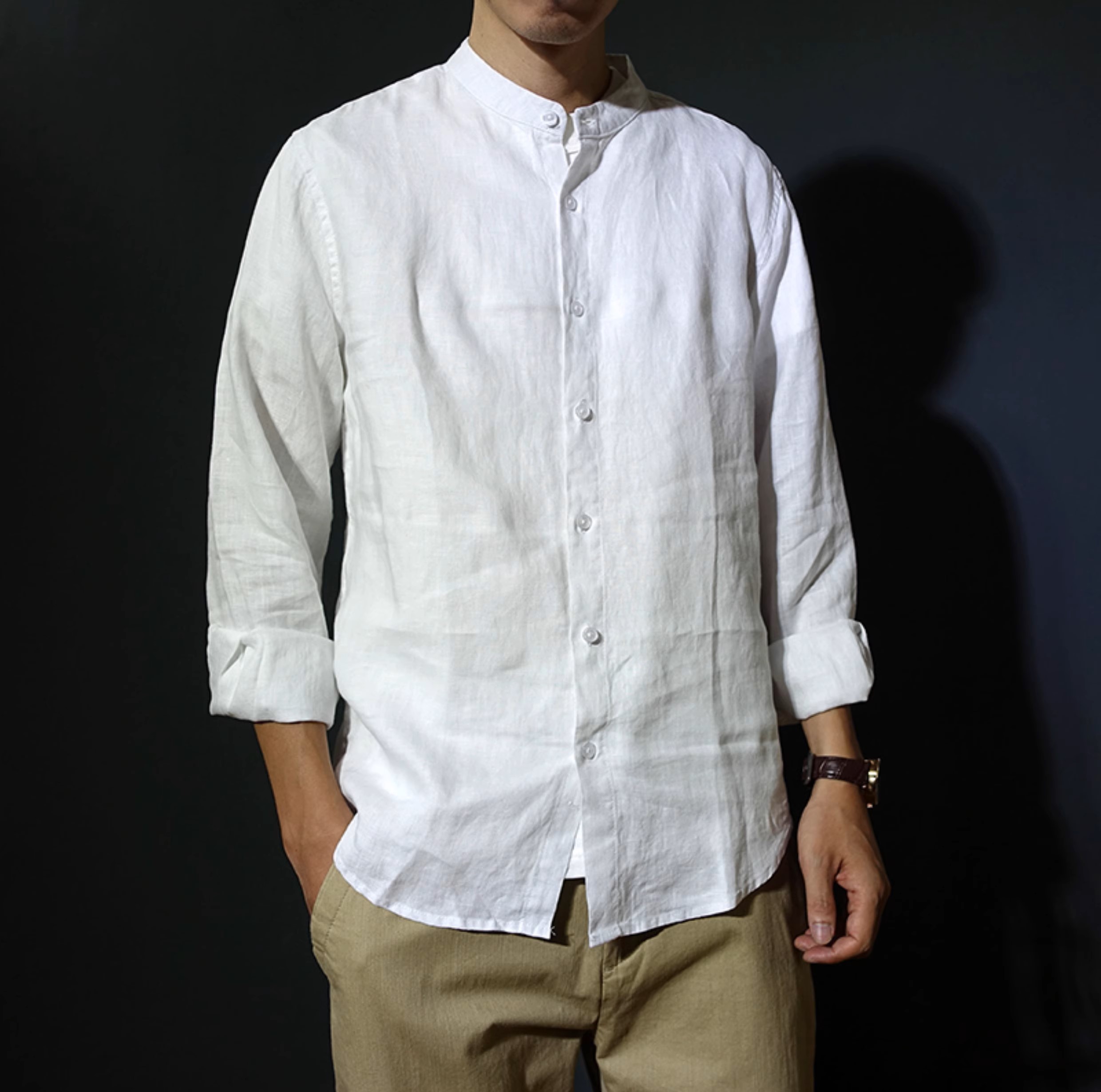 Áo sơ mi nam tay dài style Hàn Quốc thiết kế cổ tàu trẻ trung chất liệu Linen thô cao cấp MS04