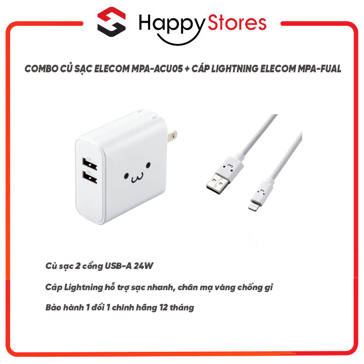 COMBO Củ sạc 2 cổng USB-A 24W ELECOM MPA-ACU05 + Cáp Sạc L.ight. ning ELECOM MPA-FUAL - Hàng Chính Hãng