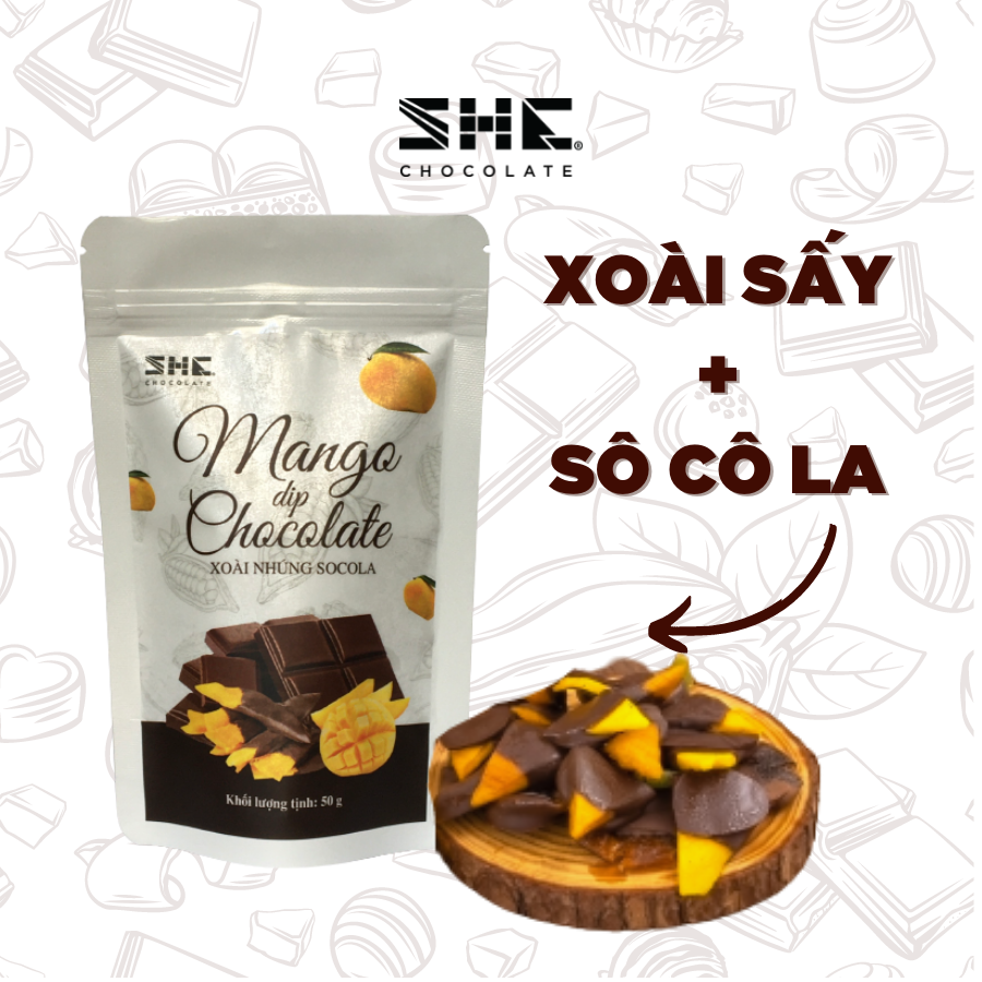 Xoài nhúng Socola - Túi 50g - SHE Chocolate - Bổ sung năng lượng, đa dạng vị giác. Quà tặng sức khỏe, quà tặng người thân, dịp lễ, thích hợp ăn vặt