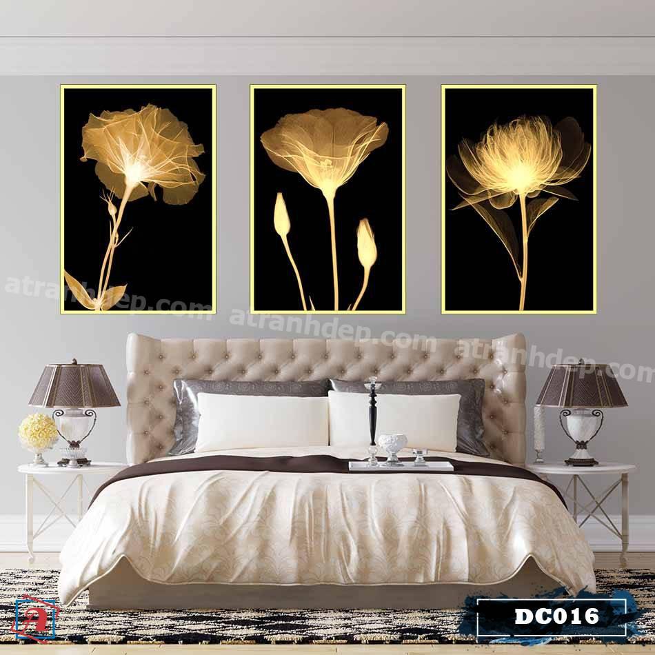 Bộ 3 tranh canvas treo tường decor hoa vàng kim - DC016