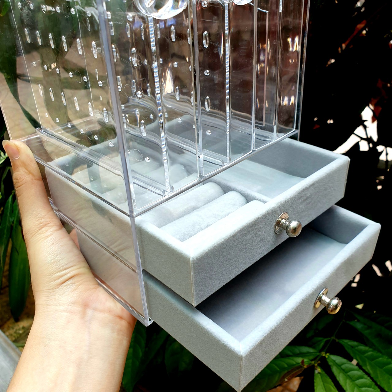 Kệ Đựng BôngTai Nhựa Mica 3 Cánh 2 Ngăn Kéo Trong Suốt Cao Cấp