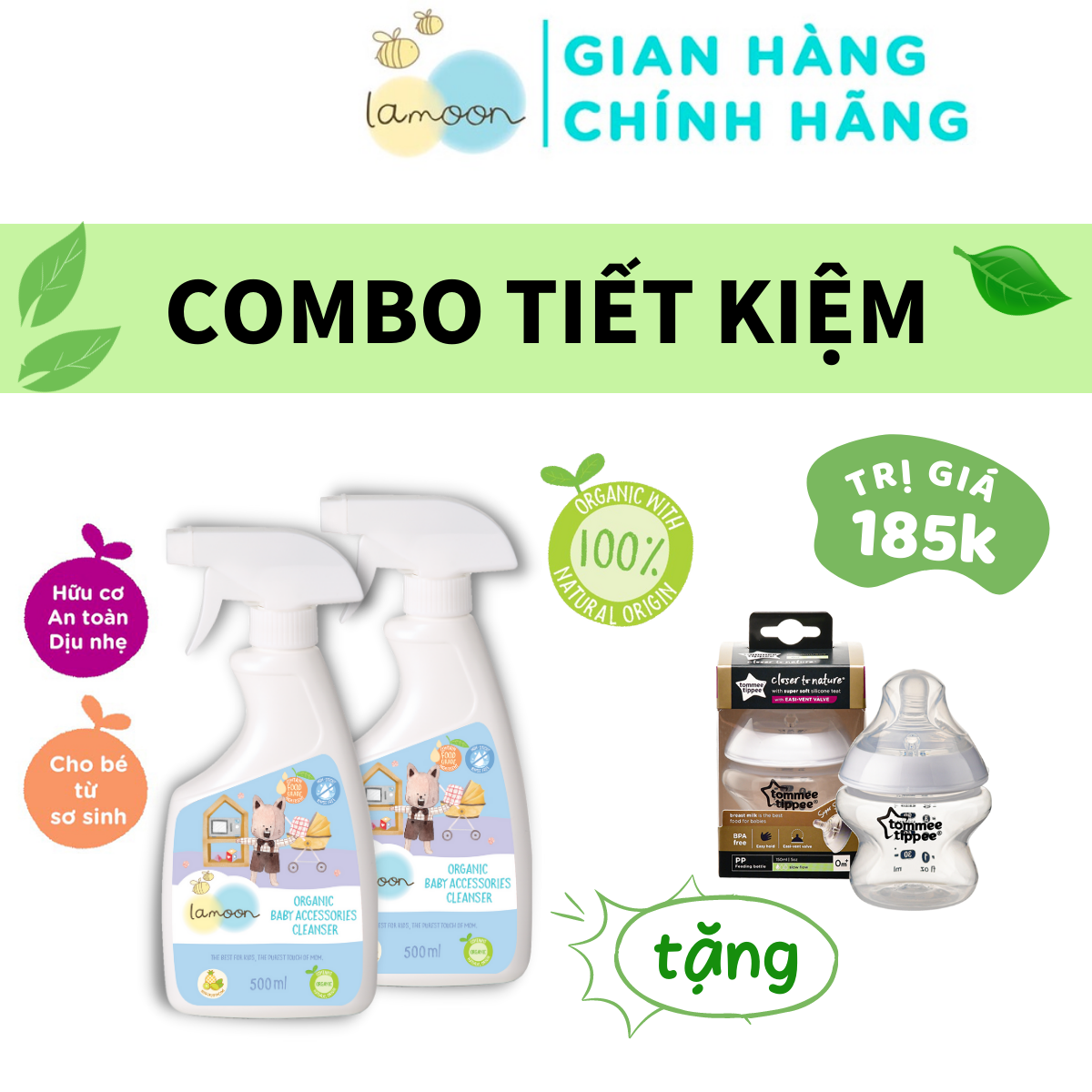 COMBO 2 Bình Nước rửa đồ chơi Organic Lamoon 500ml TẶNG 1 Bình Sữa PP Ty Siêu Mềm Tự Nhiên 150ml