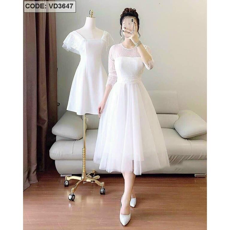 Đầm trắng ren xoè dự tiệc kèm dây buộc eo