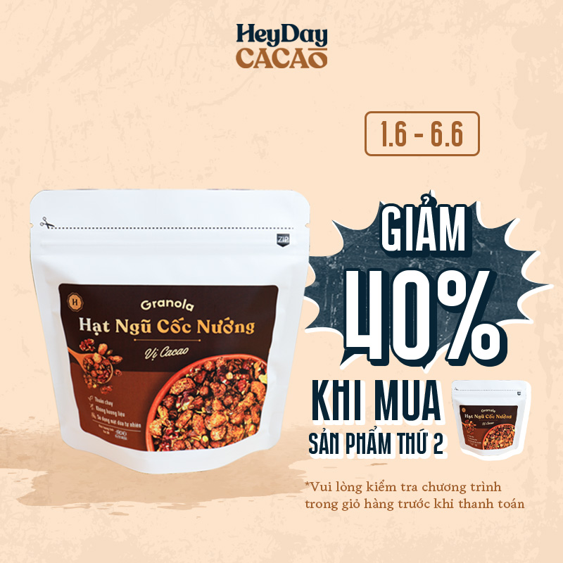 Granola nướng giòn tan - Vị Cacao túi 400g - Dùng mật dừa nước, 0 trái cây sấy, GI thấp - Hạt ngũ cốc giảm cân - HeydayCacao