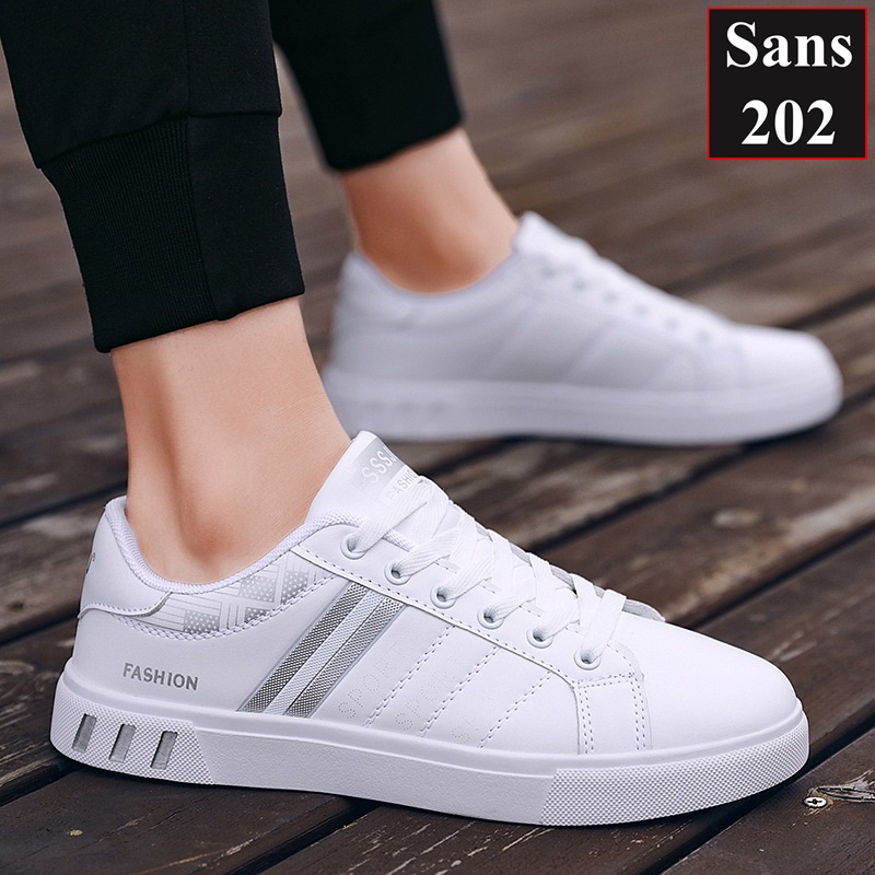 Giày thể thao sneaker nam Sans202 trắng sọc bạc