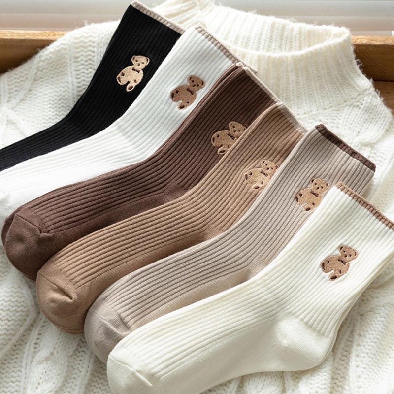 Tất bèo nữ cổ cao, vớ cổ cao vải cotton thêu hình chú Gấu Teddy phong cách thời trang Hàn Quốc - TD68